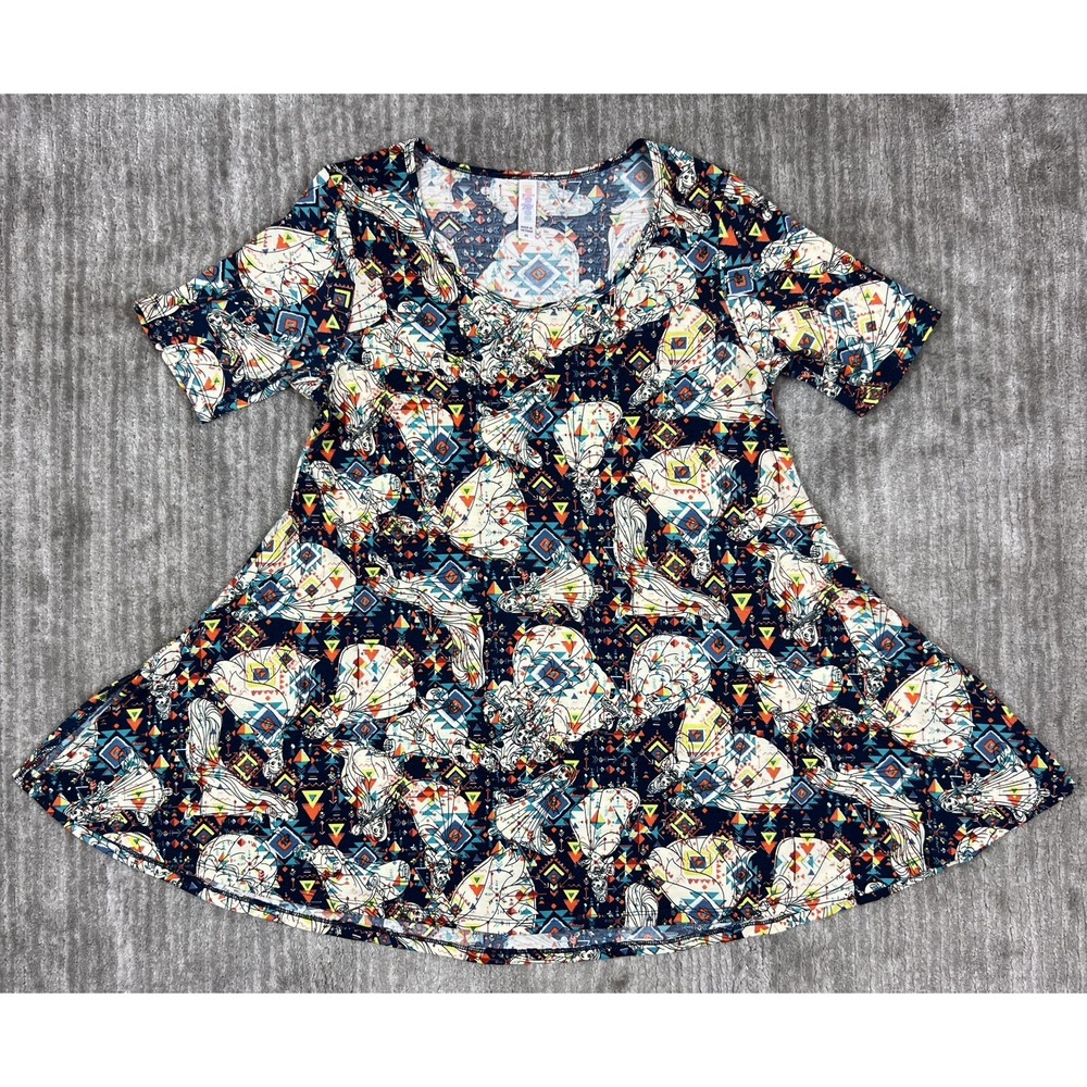 LuLaRoe Irma Tunic Womens XS Navy Blue Frozen Anna Elsa Geometric Short Sleeve
